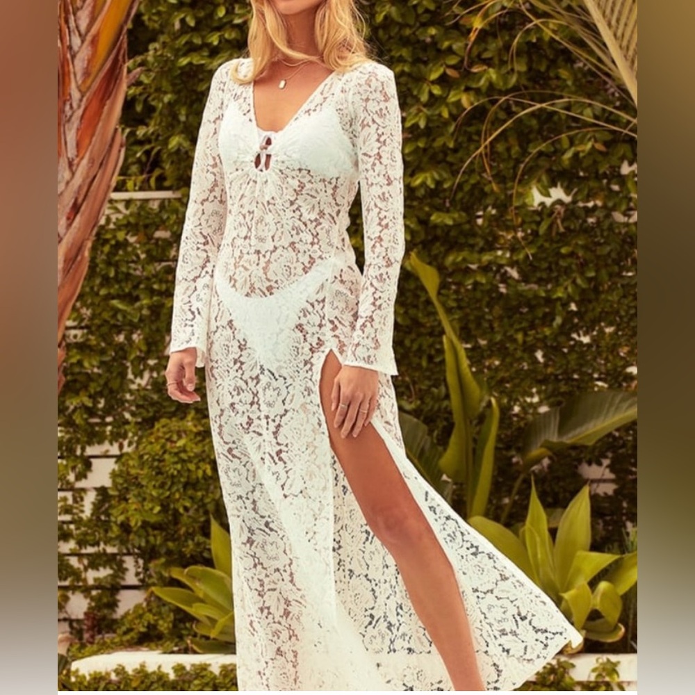 Lulu’s Angelic Summer White Lace O-Ring Maxi Swim Cover Up Resort Beach Bridal